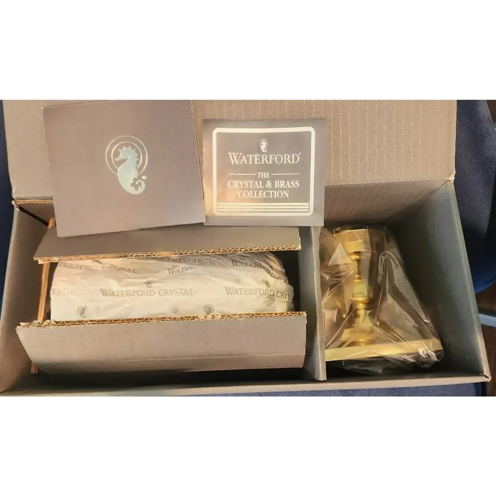 Waterford Lismore Crystal & Brass Hurricane Candle Holders Pair w/Original Boxes